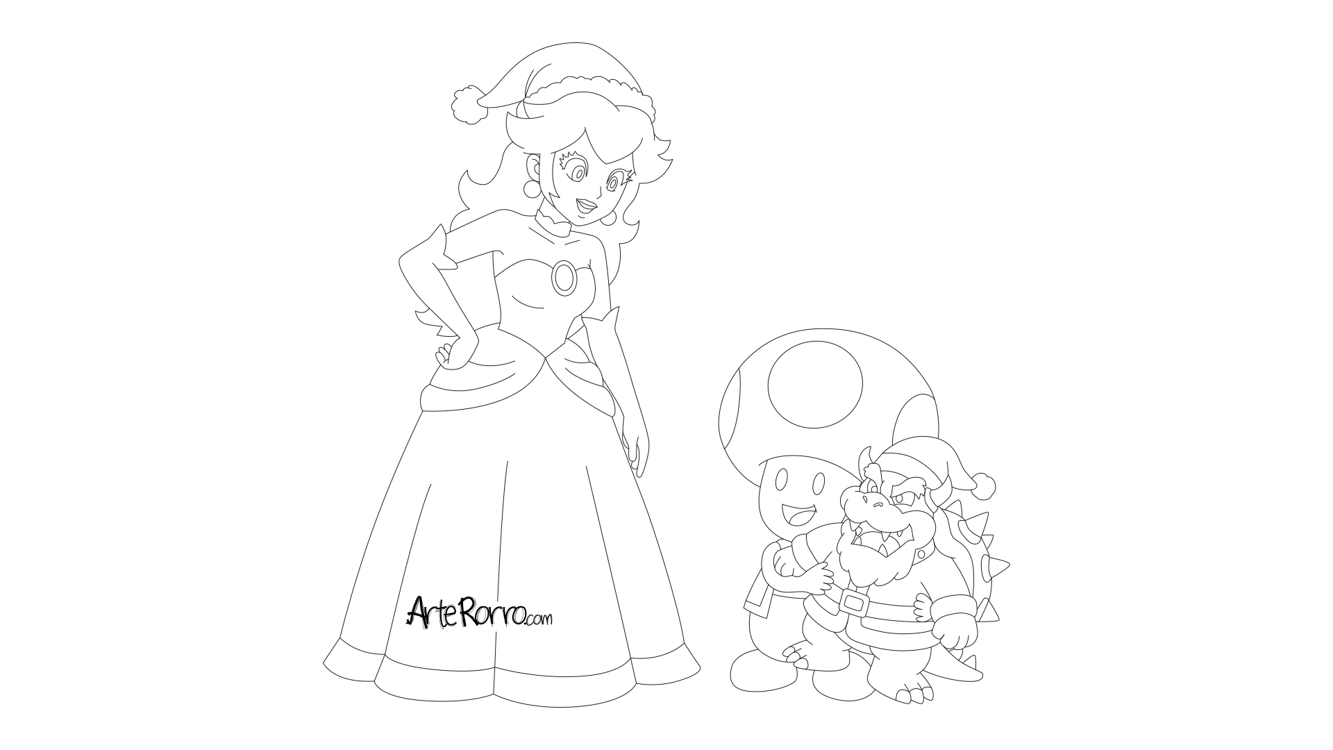 Dibujo de  Princesa Peach, Toad y Bowser Navideños